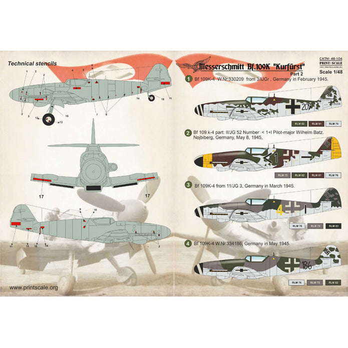 Print Scale 48-104 Decal 1:48 BF 109 K Kurfurst Part 2 The complete set 1.5 leaf