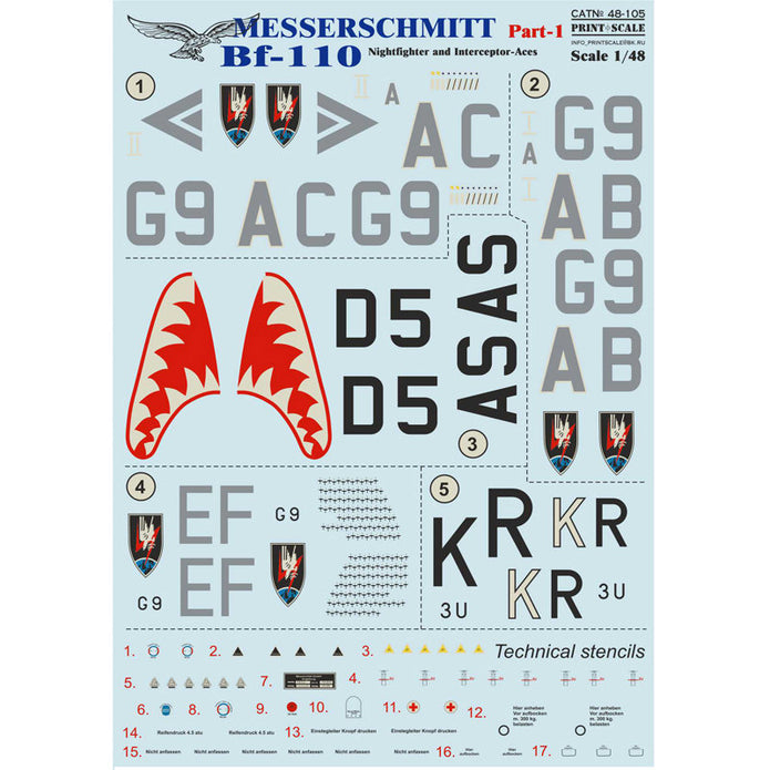 Print Scale 48-105 Decal 1:48 Messershmit Me-110 Part 2 The complete set 1,5 leaf