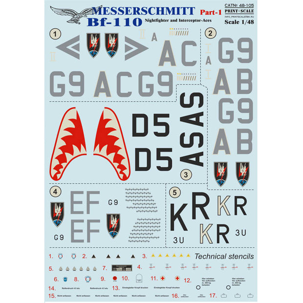 Print Scale 48-105 Decal 1:48 Messershmit Me-110 Part 2 The complete set 1,5 leaf
