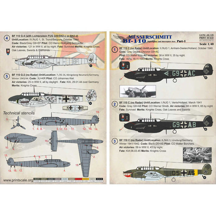 Print Scale 48-105 Decal 1:48 Messershmit Me-110 Part 2 The complete set 1,5 leaf