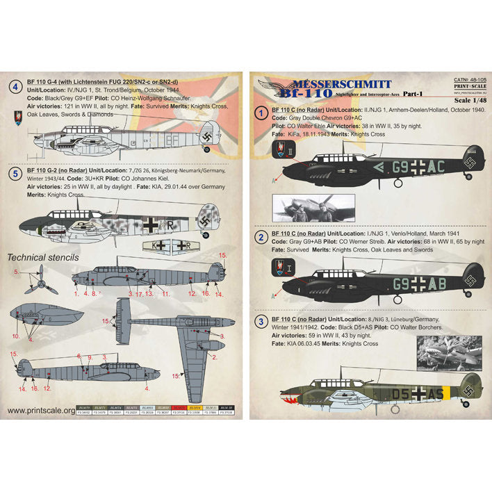 Print Scale 48-105 Decal 1:48 Messershmit Me-110 Part 2 The complete set 1,5 leaf