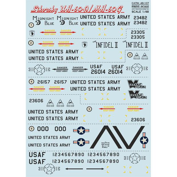 Print Scale 48-107 Decal Sikorsky UH-60A/MH-60G Part 2 Scale 1:48 for Helicopter Plastic model kit