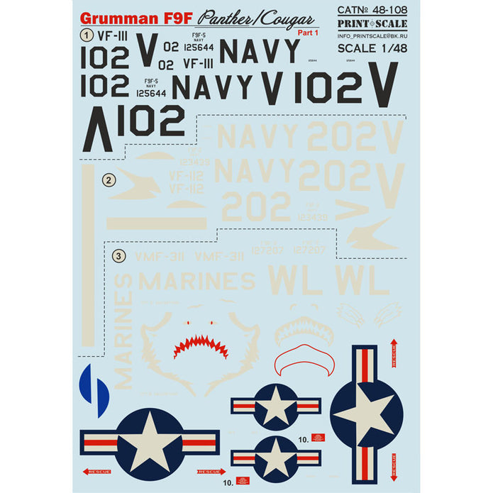 Print Scale 48-108 Decal 1:48 Grumman F9F Panther Part 1 The complete set 2 leaf (+technical stencils)