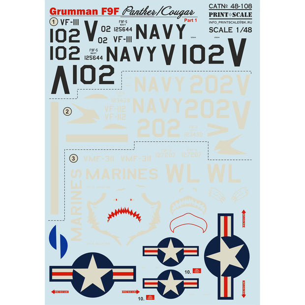 Print Scale 48-108 Decal 1:48 Grumman F9F Panther Part 1 The complete set 2 leaf (+technical stencils)