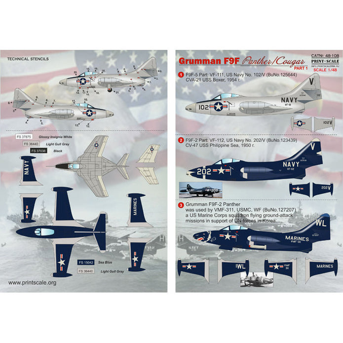 Print Scale 48-108 Decal 1:48 Grumman F9F Panther Part 1 The complete set 2 leaf (+technical stencils)