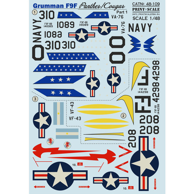 Print Scale 48-109 Decal 1:48 Grumman F9F Panther Paer 2 The complete set 2 leaf (+technical stencils)