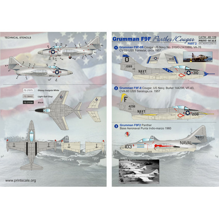 Print Scale 48-109 Decal 1:48 Grumman F9F Panther Paer 2 The complete set 2 leaf (+technical stencils)