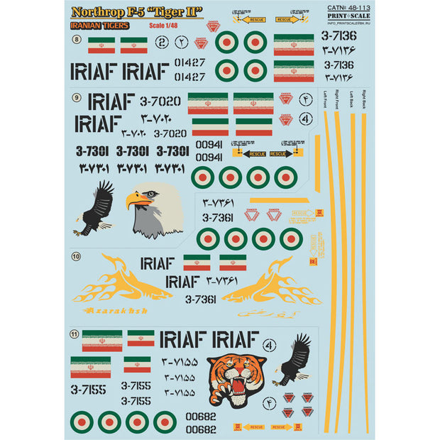Print Scale 48-113 Decal Northrop F5 Tiger II Iranian Tigers Part 1 Scale 1:48 for Aircraft Plastic model kit
