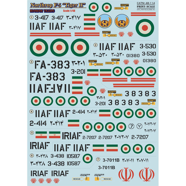 Print Scale 48-114 Decal Northrop F5 Tiger II Iranian Tigers Part 2 Scale 1:48 for Aircraft Plastic model kit