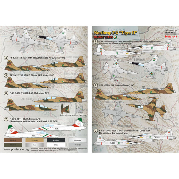 Print Scale 48-114 Decal Northrop F5 Tiger II Iranian Tigers Part 2 Scale 1:48 for Aircraft Plastic model kit