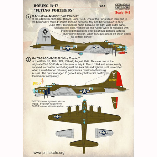 Print Scale 48-115 Decal Boeing B-17 Flying Fortress Part 1 Scale 1:48 for Aircraft Plastic model kit