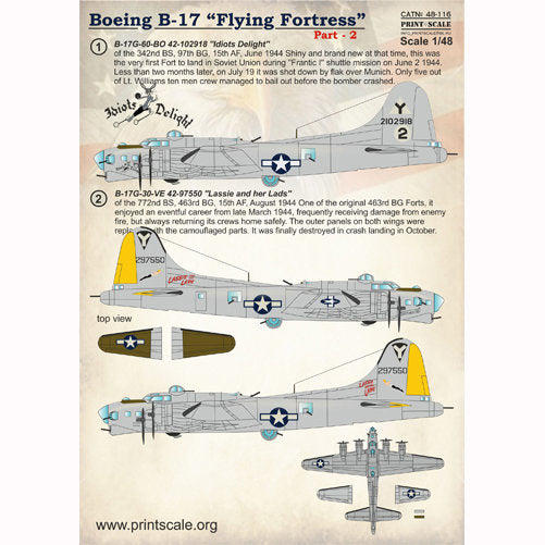 Print Scale 48-116 Decal Boeing B-17 Flying Fortress Part 2 Scale 1:48 for Aircraft Plastic model kit