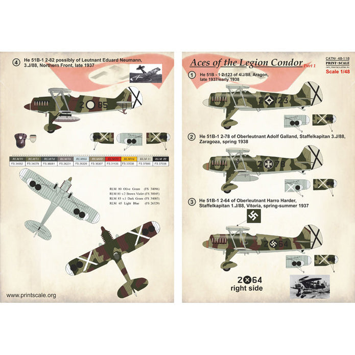 Print Scale 48-118 Decal Aces of Legion Condor Part 1 Scale 1:48 for Aircraft Plastic model kit