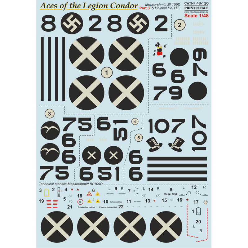 Print Scale 48-120 Decal 1:48 Aces of Legion Condor Part 3 Messershmitt Bf-109D