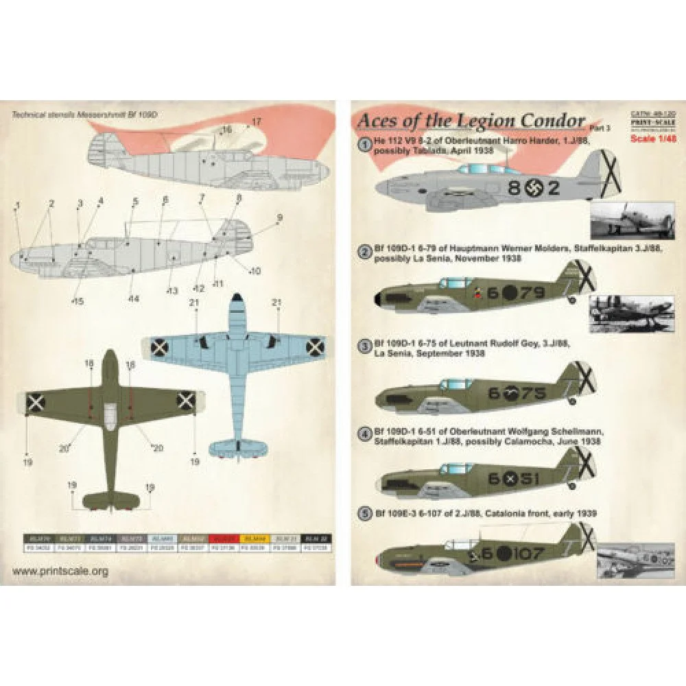 Print Scale 48-120 Decal 1:48 Aces of Legion Condor Part 3 Messershmitt Bf-109D