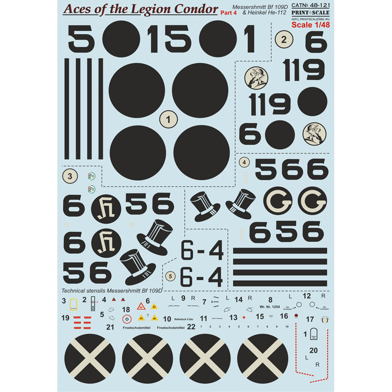Print Scale 48-121 Decal 1:48 Aces of Legion Condor Part 4 Messershmitt Bf-109D & Heinkel He-112