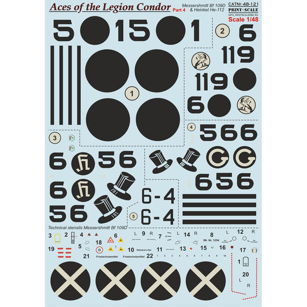 Print Scale 48-121 Decal 1:48 Top Pilots of Legion Condor Part 4 Messerschmitt Bf-109D & Heinkel He-112
