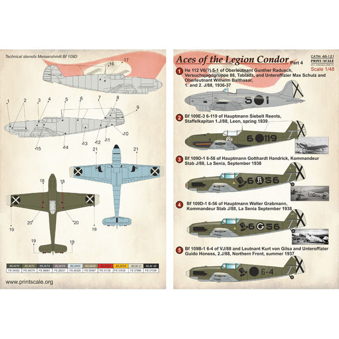Print Scale 48-121 Decal 1:48 Aces of Legion Condor Part 4 Messershmitt Bf-109D & Heinkel He-112