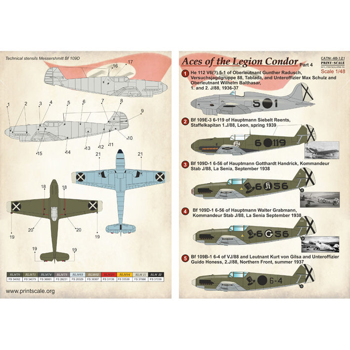 Print Scale 48-121 Decal 1:48 Aces of Legion Condor Part 4 Messershmitt Bf-109D & Heinkel He-112