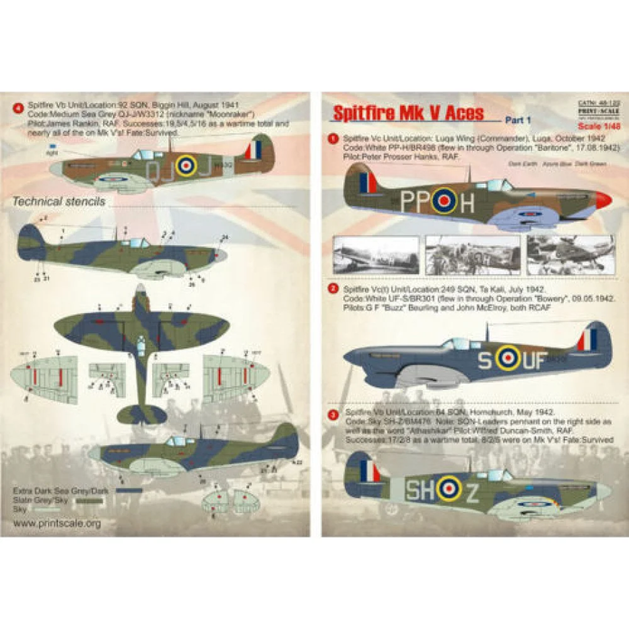 Print Scale 48-122 Decal Malta Spitfire MkV Aces Part 1 Scale 1:48 for Aircraft Plastic model kit