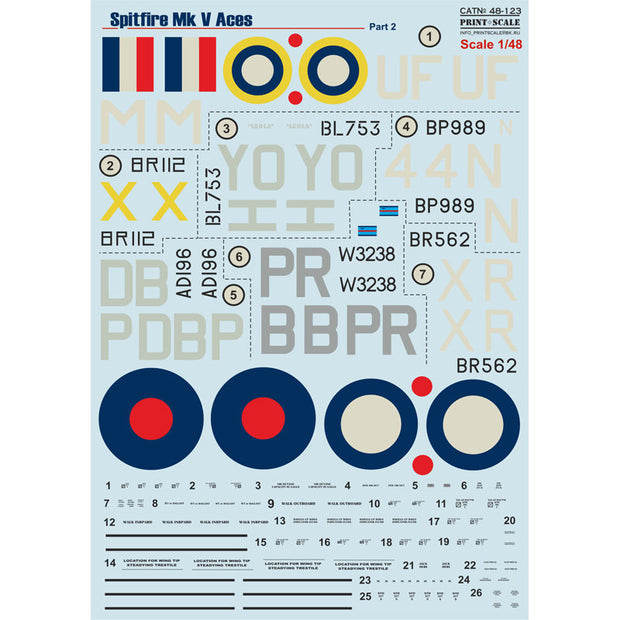 Print Scale 48-123 Decal Spitfire Mk V Аces Part-2 Scale 1:48 for Aircraft Plastic model kit