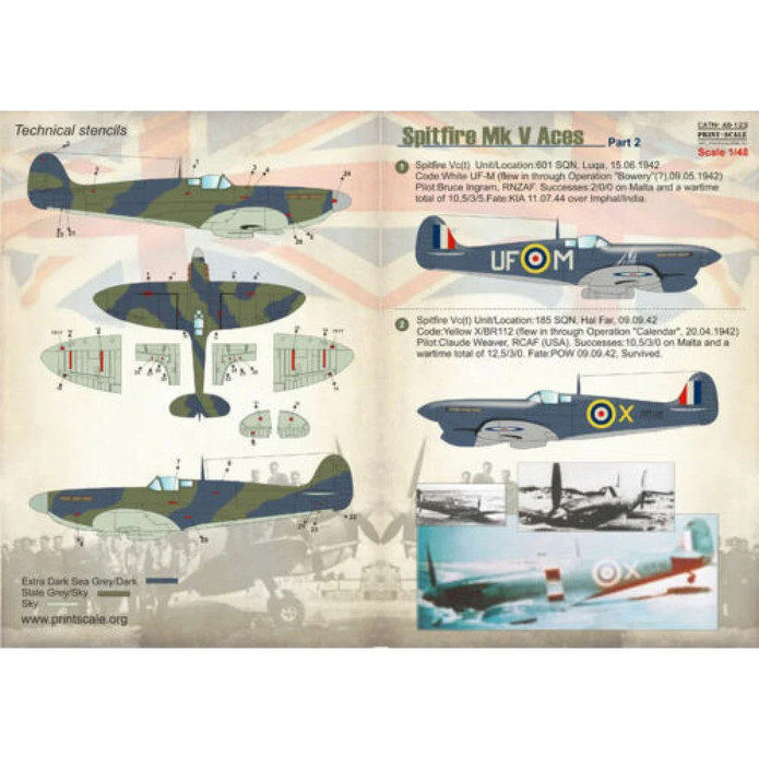 Print Scale 48-123 Decal Spitfire Mk V Аces Part-2 Scale 1:48 for Aircraft Plastic model kit