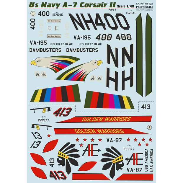 Print Scale 48-124 Decal 1:48 US NAVY Corsair II A-7 part1 + Technical stencils A7 Corsair II