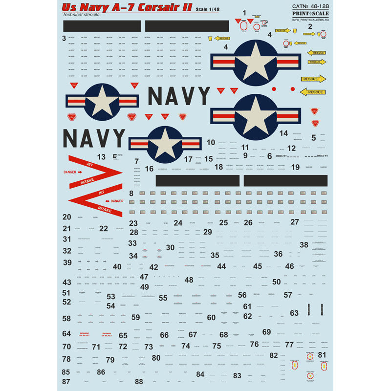 Print Scale 48-124 Decal 1:48 US NAVY Corsair II A-7 part1 + Technical stencils A7 Corsair II