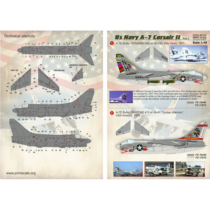Print Scale 48-124 Decal 1:48 US NAVY Corsair II A-7 part1 + Technical stencils A7 Corsair II