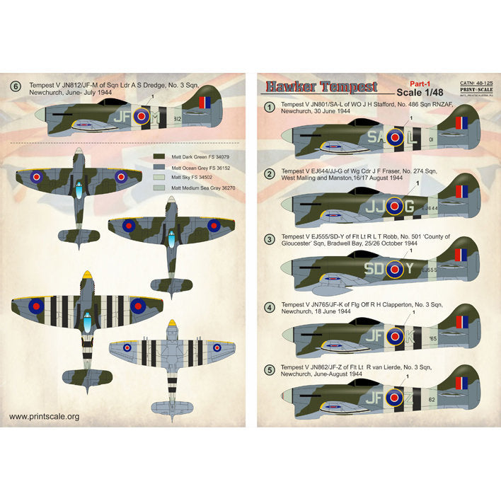 Print Scale 48-125 Decal Hawker Tempest Part 1 Scale 1:48 for Aircraft Plastic model kit