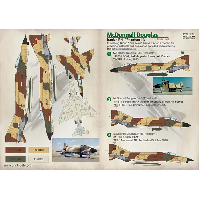 Print Scale 48-131 Decal 1:48 Iranian McDonnell Douglas F-4 Phantom In the complete set 1.5 sheets