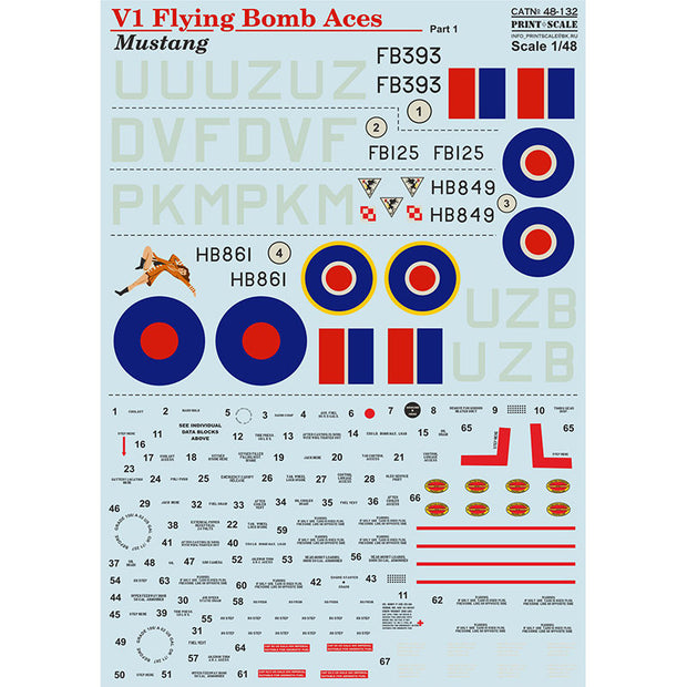 Print Scale 48-132 Decal P-51 Mustang V1 Flying Bomb Aces Part 1 Scale 1:48 for Aircraft Plastic model kit