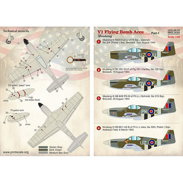 Print Scale 48-132 Decal P-51 Mustang V1 Flying Bomb Aces Part 1 Scale 1:48 for Aircraft Plastic model kit