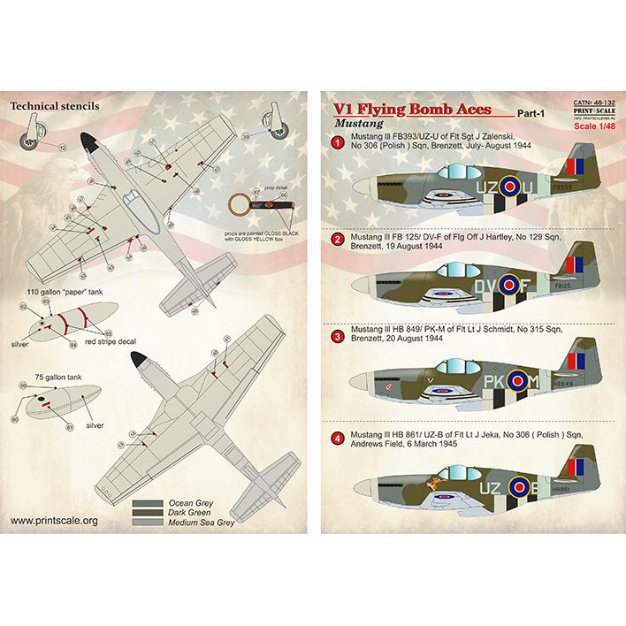 Print Scale 48-132 Decal P-51 Mustang V1 Flying Bomb Aces Part 1 Scale 1:48 for Aircraft Plastic model kit