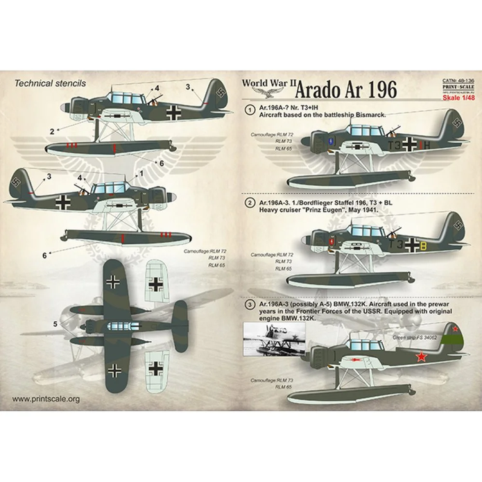 Print Scale 48-136 Decal Arado Ar-196 Scale 1:48 for Aircraft Plastic model kit