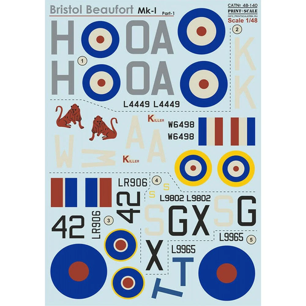 Print Scale 48-140 Decal Bristol Beaufort Mk I Part 1 Scale 1:48 for Aircraft Plastic model kit