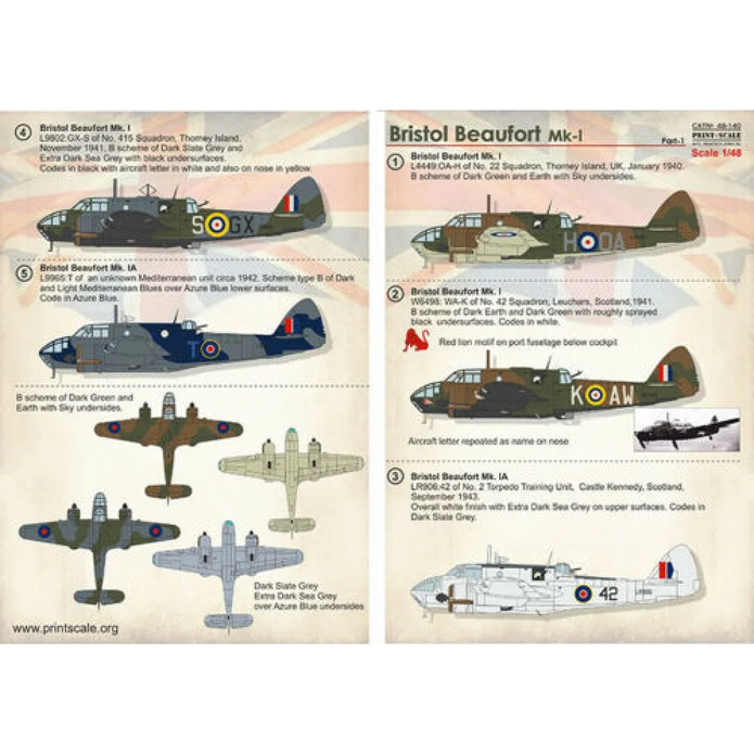 Print Scale 48-140 Decal Bristol Beaufort Mk I Part 1 Scale 1:48 for Aircraft Plastic model kit