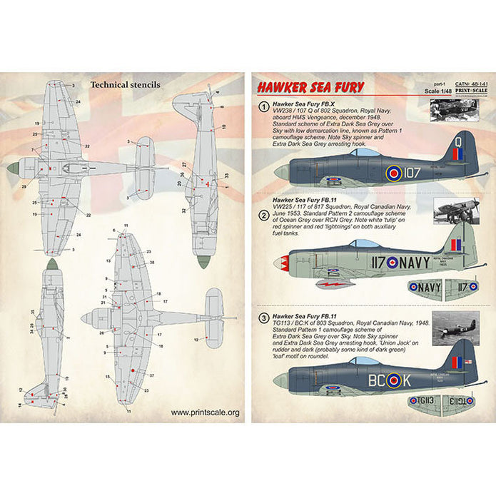 Print Scale 48-141 Decal Hawker Sea Fury Part 1 The complete set 1.5 leaf Scale 1:48 for Aircraft Plastic model kit