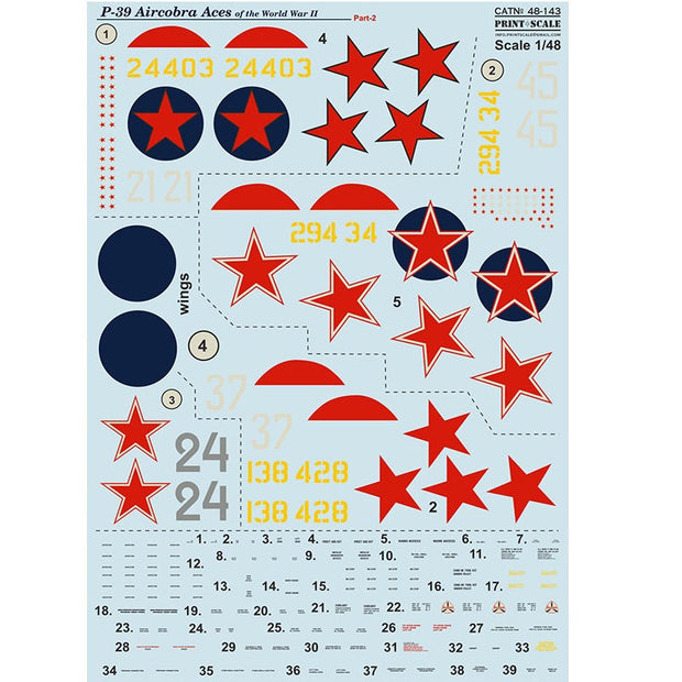 Print Scale 48-143 Decal P-39 Aircobra Top Pilots of the World War II Part 2 Scale 1:48 for Aircraft Plastic model kit