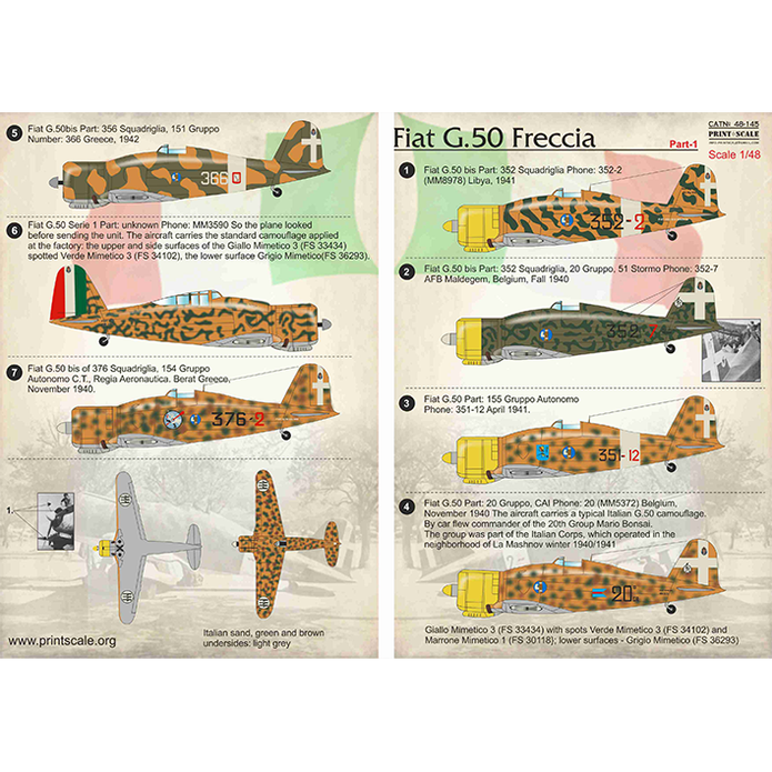 Print Scale 48-145 Decal Fiat G-50 Freccia Part 1 Scale 1:48 for Aircraft Plastic model kit