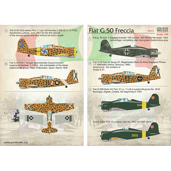 Print Scale 48-146 Decal Fiat G.50 Freccia Part-2 Scale 1:48 for Aircraft Plastic model kit