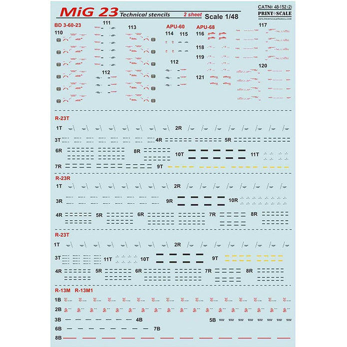 Print Scale 48-152 Decal MiG-23 Tehcnical stencils 2 sheets Scale 1:48 for Aircraft Plastic model kit