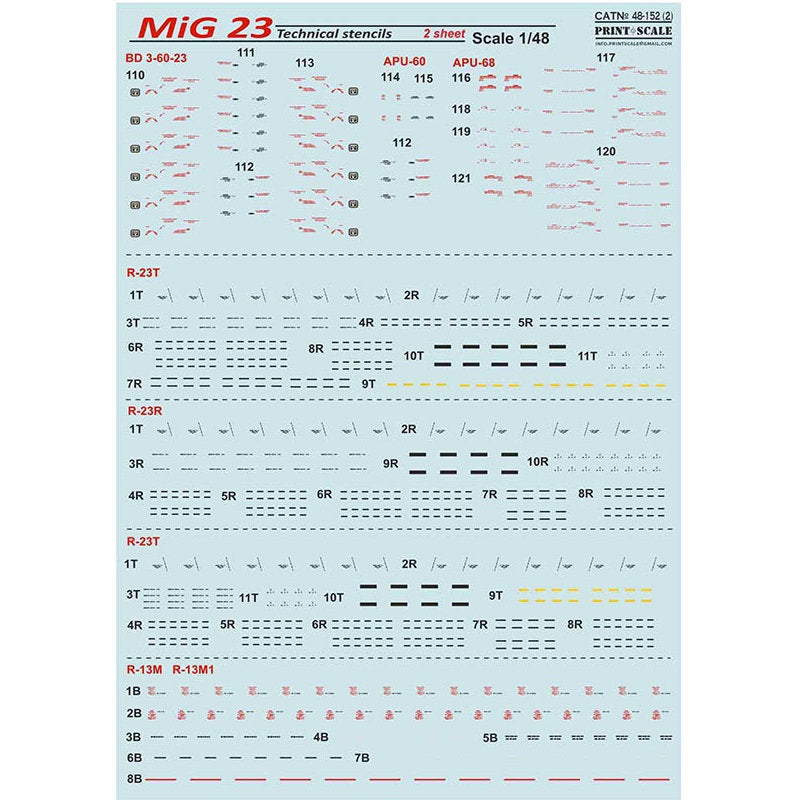 Print Scale 48-152 Decal MiG-23 Tehcnical stencils 2 sheets Scale 1:48 for Aircraft Plastic model kit