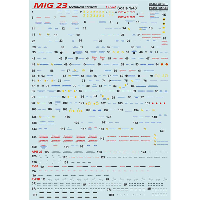 Print Scale 48-152 Decal MiG-23 Tehcnical stencils 2 sheets Scale 1:48 for Aircraft Plastic model kit