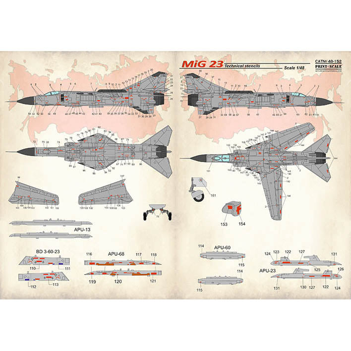 Print Scale 48-152 Decal MiG-23 Tehcnical stencils 2 sheets Scale 1:48 for Aircraft Plastic model kit