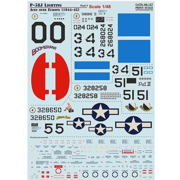 Print Scale 48-157 Decal P-38J Lighting Aces over Europe (1944-45) Part 1 Scale 1:48 for Aircraft Plastic model kit