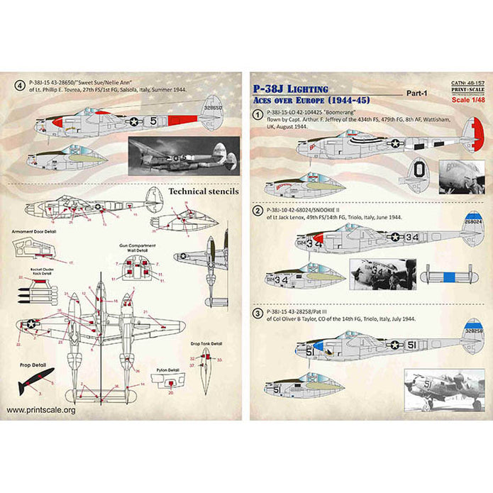 Print Scale 48-157 Decal P-38J Lighting Aces over Europe (1944-45) Part 1 Scale 1:48 for Aircraft Plastic model kit