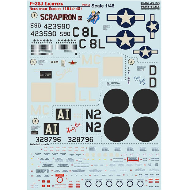 Print Scale 48-158 Decal P-38J Lighting Aces over Europe (1944-45) Part 2 Scale 1:48 for Aircraft Plastic model kit
