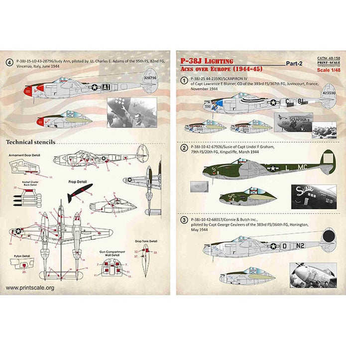 Print Scale 48-158 Decal P-38J Lighting Aces over Europe (1944-45) Part 2 Scale 1:48 for Aircraft Plastic model kit