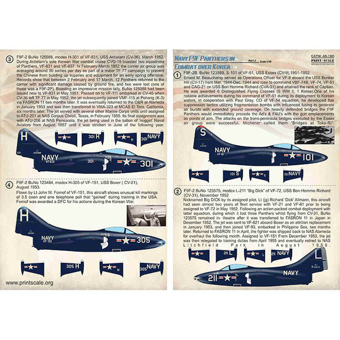 Print Scale 48-160 Decal 1:48 Navy F9F-2 -3 Panthers in Combat over Korea Part 2 1.5 sheets